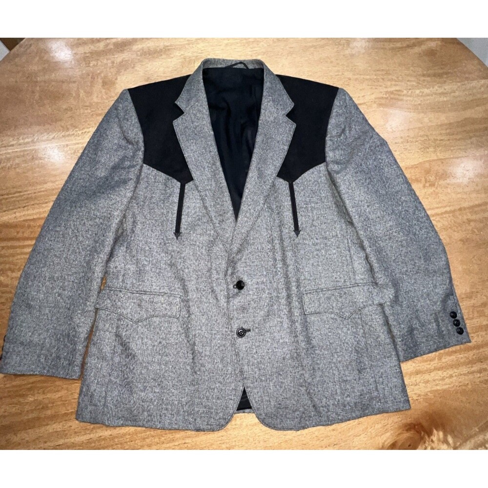 Men’s Western Circle S Gray & Black Cowboy Sport Coat Rockabilly Yokes 48 R EUC
